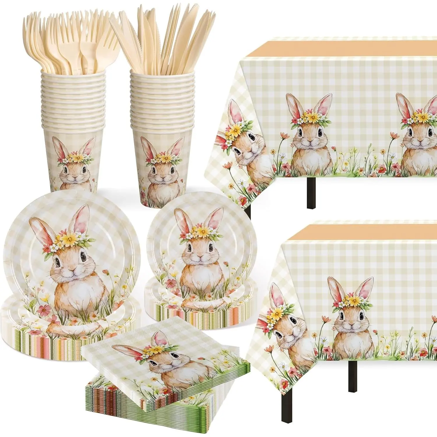 Easter Party Supplies Decorations 147 Pcs Disposable Tableware Set Themed Dinnerwares with Rabbit Plastic Tablecloth Knives Fork Paper Plates Napkin Cups for Birthday