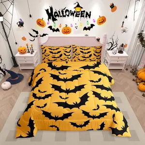 Halloween Bat Bedding Set,Gothic Orange Bat Comforter Set,Spooky Goth Animal Quilt Duvet Set,Horror Halloween Bedding Collections for Kids Teens Adults