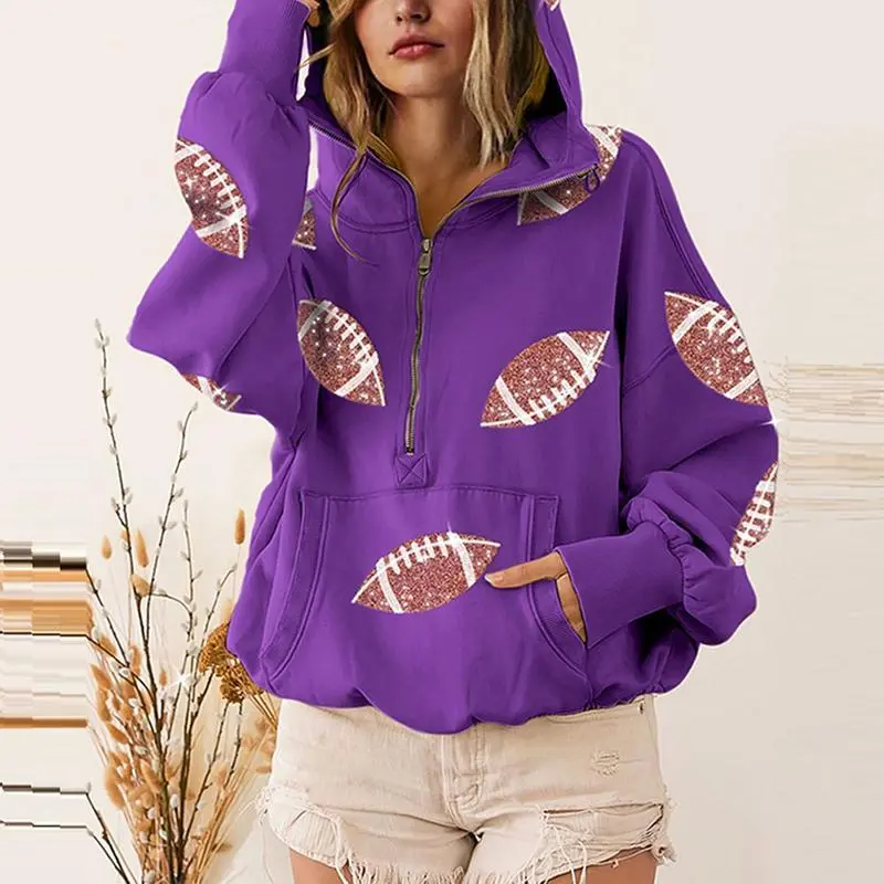 HerGarment Box Women's Preppy Oversized Comfortable Light Sequin Football Game Day Pullover Hoodie - Long Sleeve, Adjustable Drawstring, Kangaroo Pocket, Tailgate Casual Sports Sweatshirt, Lightweight, Fashion, Party, Loose, Cute, Fabric
