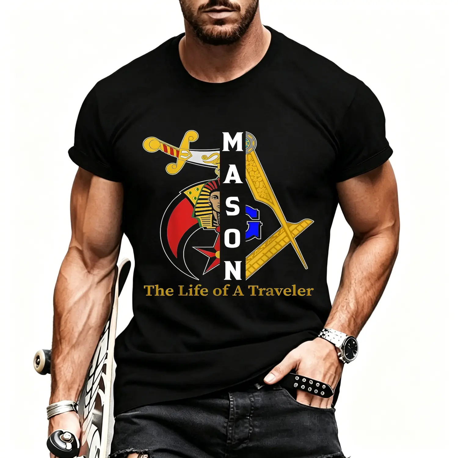 Menswear Casual Round Neck Regular Fit Cotton T-Shirt, Noble Shriner Mason Traveler Freemasonry Vintage Graphic Tee with Brotherhood Emblem, Christmas Holiday Commemorative Lodge Tradition Heritage Gift for Enthusiasts, Shortsleeve, Freemason Logo
