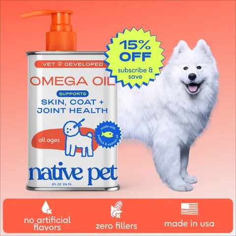 Native Pet Omega 3 Fish Oil for Dogs & Cats - Promotes Healthy Skin, Shiny Coat, & Strong Joints - Made with Wild Alaskan Salmon Oil for Dogs – Tasty, Fast-Absorbing Omega 3 6 9 Liquid Supplement