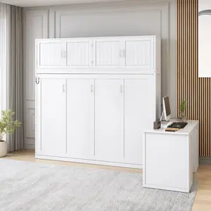 Queen Size Wall Murphy Bed with Desk and Storage Shelves & Cabinets, White Wooden Wall-Mounted Folding Bed Frame with Hydraulic Mechanism, Space-Saving Combo for Bedroom Home Office, 600 lbs Capacity, Queen Size Options, White Color Options