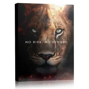 Lion Motivational Canvas Wall Art No Risk No Reward Quote Poster, Inspirational Wild Animal Print for Home Office Entrepreneur Decor, Powerful Lion Artwork