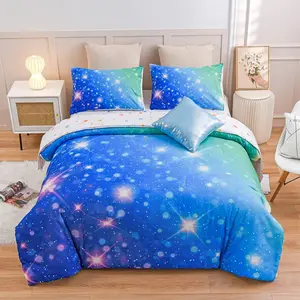 6 count Grdient Glitter Bedding Set for Girls, Colorful Rinbow Glxy Comforter Set, Ultr Soft Bedding Sets (Blue-Green, 6 count)