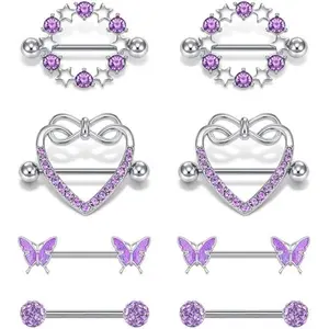 14G Nip Rings Stainless Steel Nipple Rings for Women 4 Pairs/set Nip Rings Cute Purple CZ Heart-Shape Butterfly Nipple Piercing Jewelry Straight Barbell