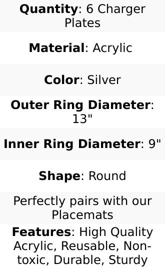 6-Pack Acrylic Round Charger Plates 13" in Metallic Silver, Dinner Party Decor Charger Tableware