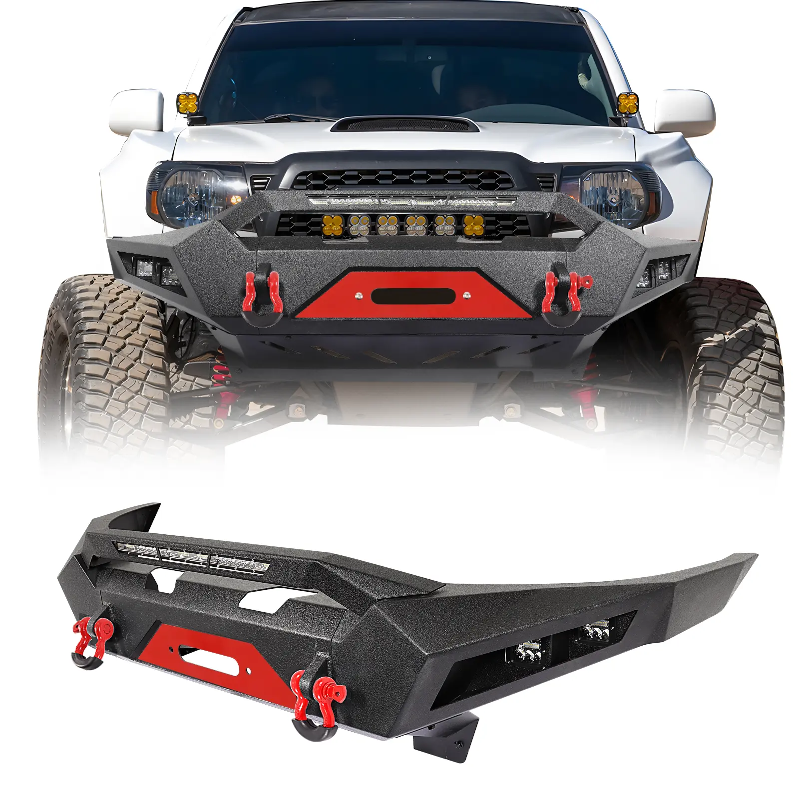 Tokmowin Tacoma Front Bumper Compatible with 2005-2015 Toyota Tacoma 2nd Gen Pickup Truck, Rock Crawler Off-Road Bumper w/Winch Plate & 4 x LED Lights & 2 x D-Rings, Illumination, Off-Roading, Perfect Fit
