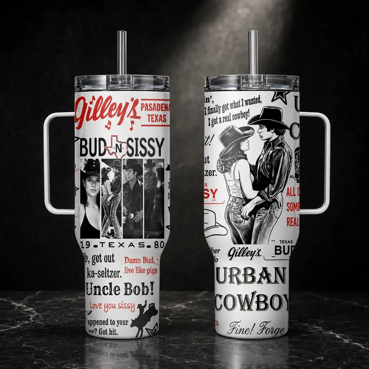 Urban Cowboy Inspired Tumbler 40oz, Bud And Sissy Western Movie Fan Cup, Gilley’s Pasadena Texas Country Romance Drinkware, Cowgirl Gift