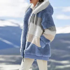 2025 Winter Fashion Women's Coat - Hooded Zipper Ladies Jacket, Spliced Thick Cashmere Fabric, Stitching Plaid Pattern, Warm Cold-Resistant, Regular Fit, Daily & Outdoor Wear Can be used with a raincoat