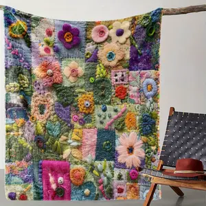 1pc Vintage Style Patchwork Floral Print Fleece Throw Blanket - Soft, Cozy, and Comfortable Knitted Polyester Cover, All-Season Gift for Sofa, Bed, Office, Camping, and Travel - 250-300g Lightweight Warmth