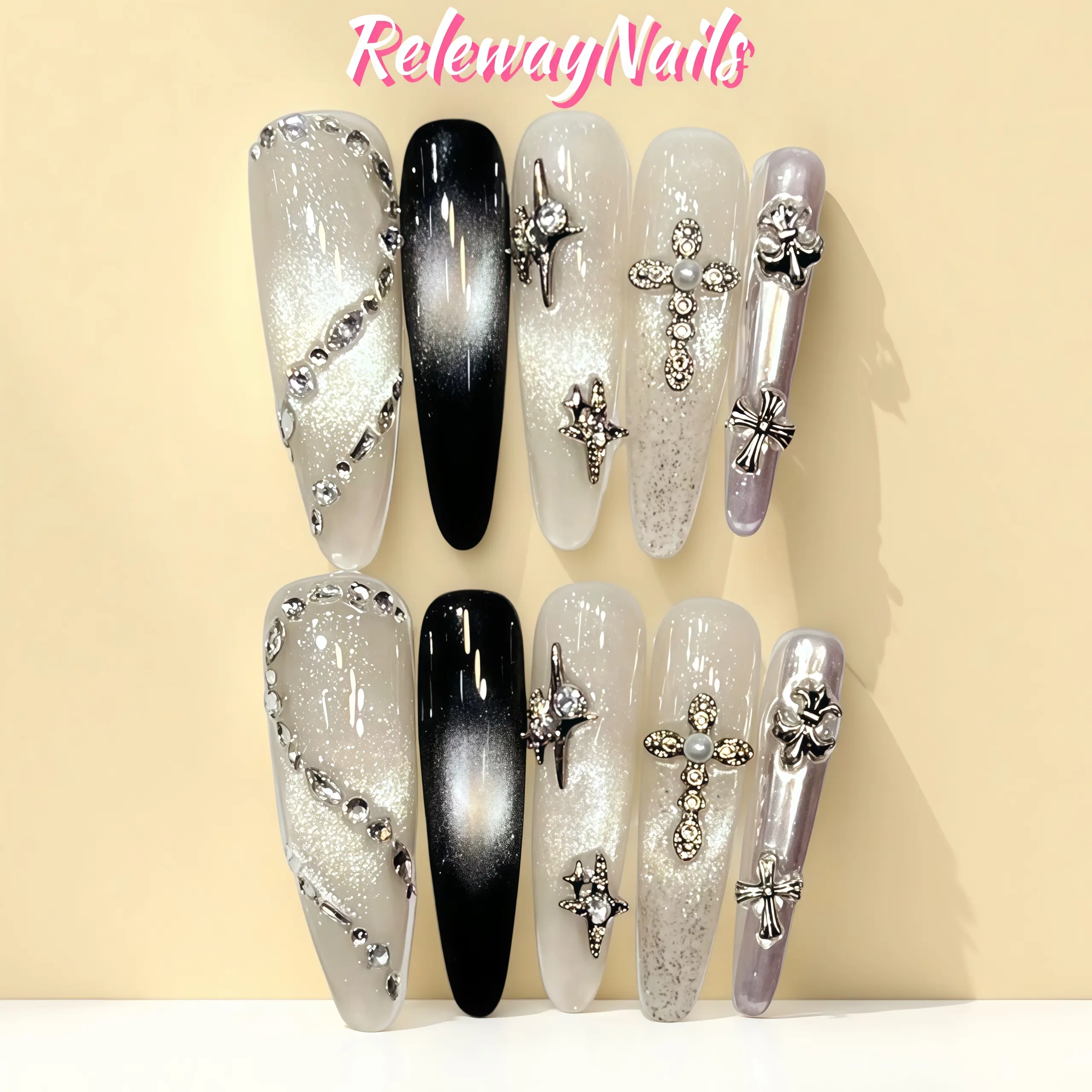 Long Almond Press On Nails White Cat Eye False Nails 3D Cross Star Acrylic Press-Ons Handmade |Celestial Omen