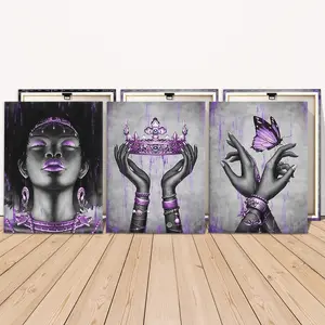 3 Counts Wooden Framed Canvas Painting, Elegant Purple Crown And Butterfly Art, Exquisite Poster, Perfect Living Room Decoration, Modern Art, Fashion Family Poster, Wall Art Decoration, Waterproof Art, Canvas Prints