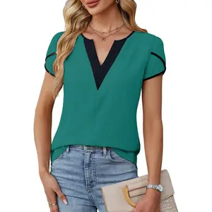 Womens Tops Dressy Casual Petal Sleeve Summer Spring Short Sleeve V Neck Shirts Work Business Vacation Clothes