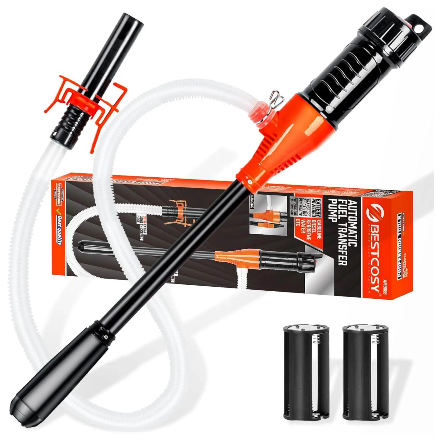 Portable Transfer Pump Battery Operated Electric Siphon Pump for Gas, Fuel, Diesel, Water Transfer 2.6 GPM Flow Oil Extractor -Easy to Use Hand Fuel Pump, Multi-Use Siphon Fuel Transfer Pump (Orange)