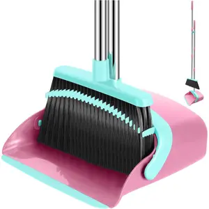 Broom and Dustpan Set, 52-in Long Adjustable Handle Broom Dustpan Combo with Dustpan Teeth to Automatically Clean Hair Suitable for Home Kitchen Office Hall Floor Pink&Blue