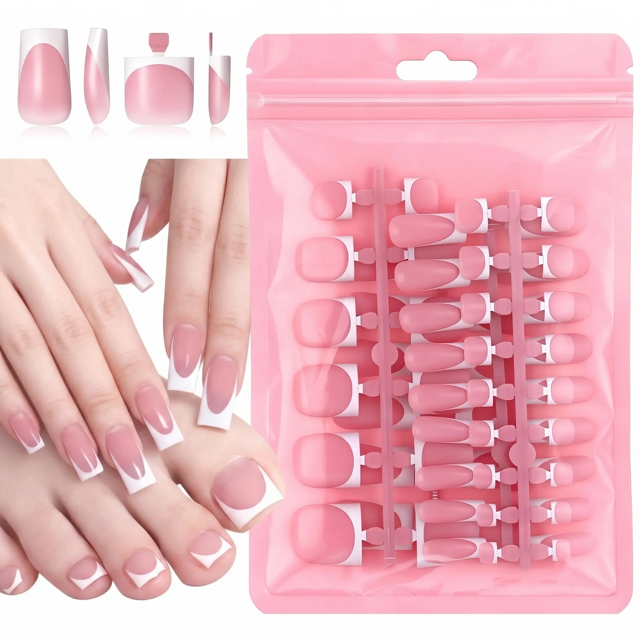 Women's 60Pcs Square Medium Full Cover French Tip Press On Nails with Toenails, Acrylics Nail Manicure Kit for Beauty & Personal Care, Nails Press On