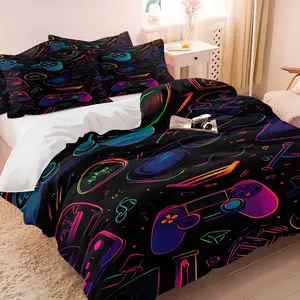 Neon Gaming Controller Duvet Cover Set,Cyberpunk Gamer Bedding Set,Includes 1 Duvet Cover & 1-2 Pillowcases,Graffiti Style Game Print Bedding,Soft Breathable Microfiber,Ideal for Teens & Gamers Bedroom Decor & Gift