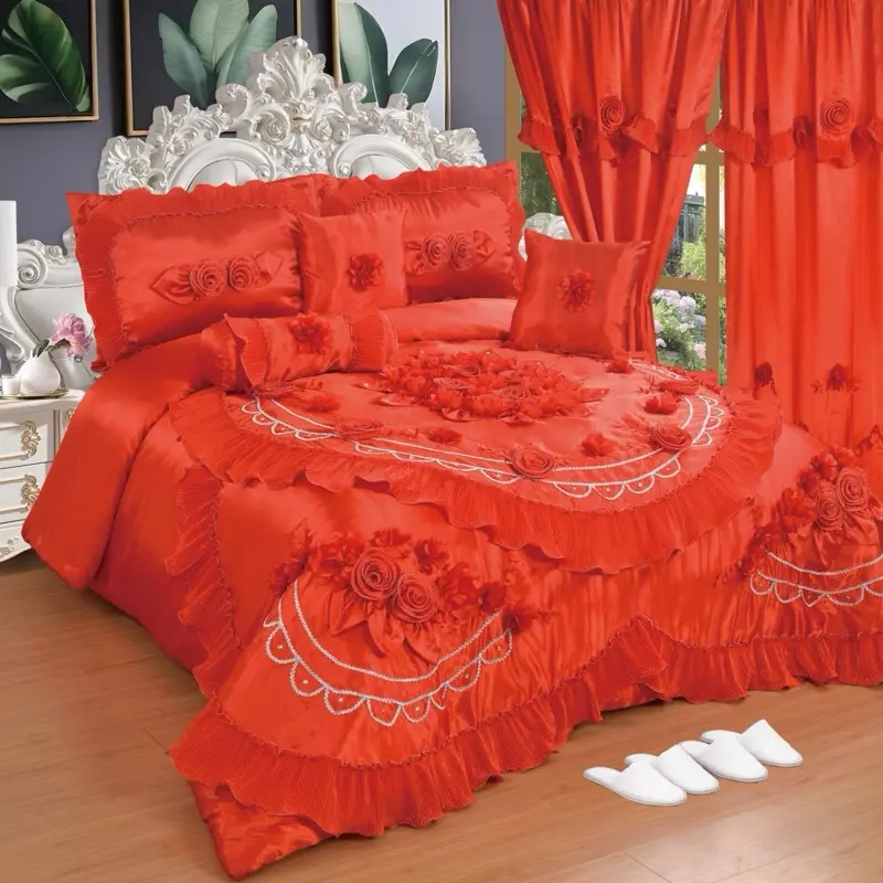 Wedding Set -red and White Bedding with Floral Design and Ruffled Edges