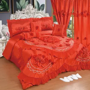 Wedding Set - Pink and White Bedding with Floral Design and Ruffled Edges