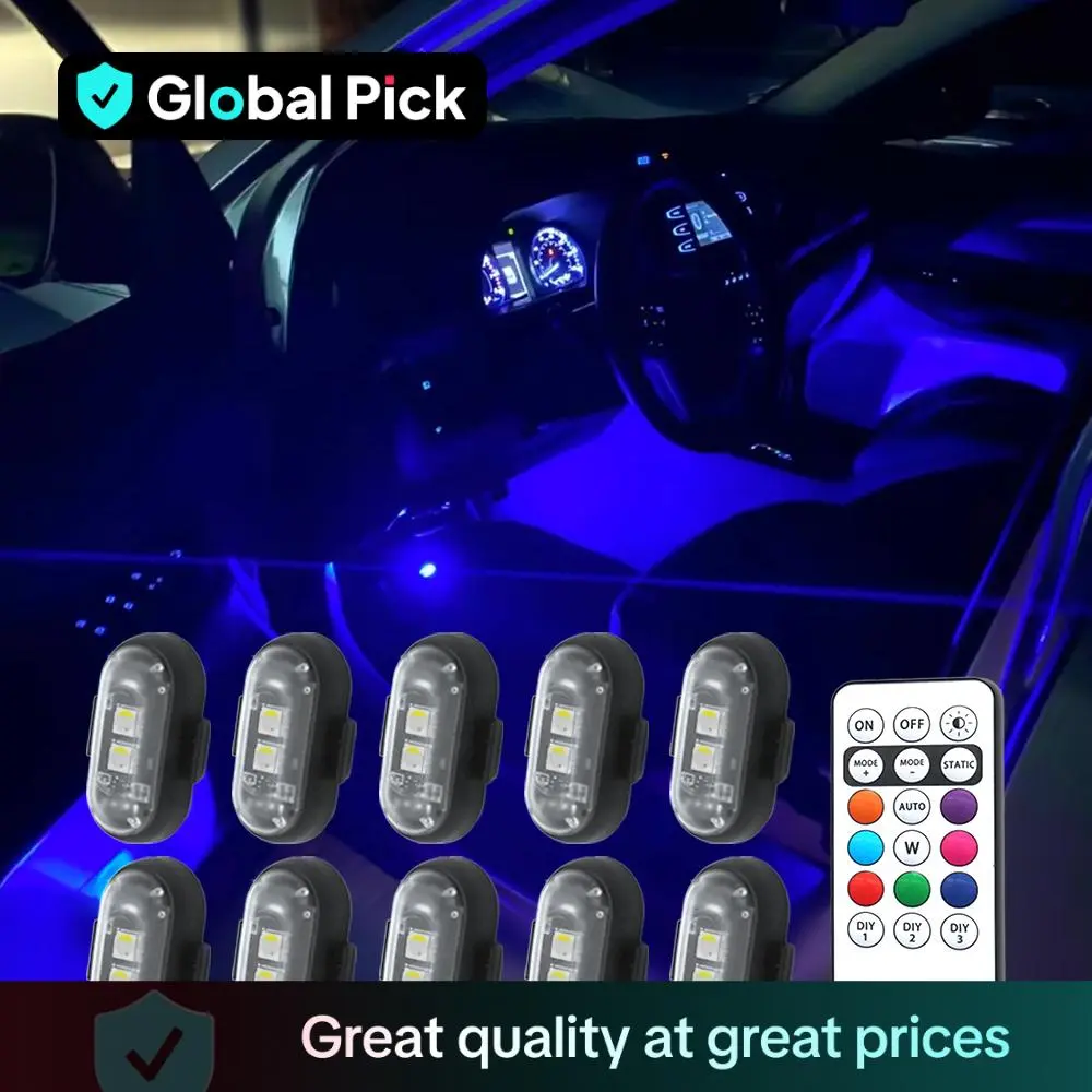 Wireless Remote Control Car LED Lights, USB Rechargeable Colorful LED Light with Remote Control, Motorcycle Flashing Warning Light, Decorative Light
