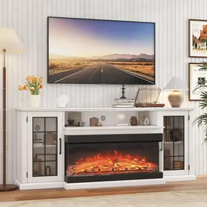 Modern Fireplace TV Stand 3 Sided Glass Electric Fireplace Entertainment Center for TVs up to 85 Inch Media Console Table White Living Room Storage Cabinet 12 Flame Color High Gloss Home Decor Centerpiece with Remote Control