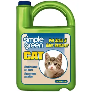 Simple Green 128 oz. Cat Pet Stain and Odor Remover, Pet Safe Enzyme Cleaner, Eliminates Urine Feces Vomit Odors, For Carpets Bedding Upholstery and Floors, Prevents Re-Marking, Fresh Scent, Not Tested on Animals.