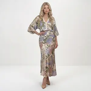LikeMyChoice 2026 Women's Exquisite Satin Floral Print 2-Piece Suit, V-Neck Button-Down Top & Midi Skirt - Elegant Casual Womenswear Clothes Outfit Set