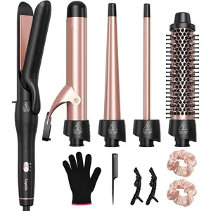 Lopeie 5 in 1 Curling Iron with Thermal Brush and 4 Interchangeable Ceramic Barrels(1/2 to 1 1/2 inch), Curling Wand Set with Flat Iron, Fast Heating, Dual Voltage Hair Curler, Gifts for Women