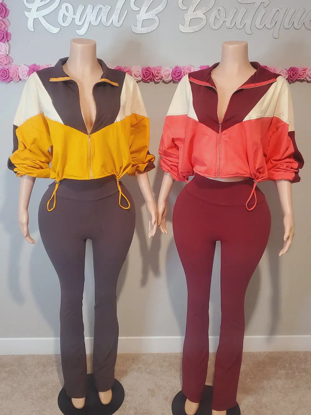 ON THE MOVE SET - MAROON Colorblock Zip-Up Top & High-Waisted Pants Set for Women Comfortable & Stylish Casual Outfit