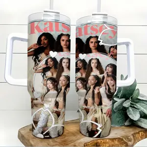KATSEYE Inspired 40oz Insulated Tumbler with Handle and Straw Pop Girl Group Photo Collage Cream Aesthetic Stainless Steel Water Bottle Travel Mug Birthday Gift for Women Teens Kpop Fans