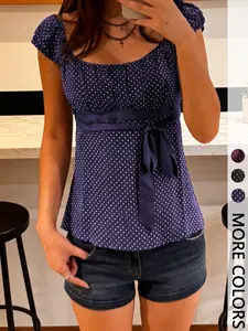 Polka Dot Square Neck Tie Top Blouse, French Vintage Style Slim Fit, Perfect for Daily and Dates, Women's Fashion