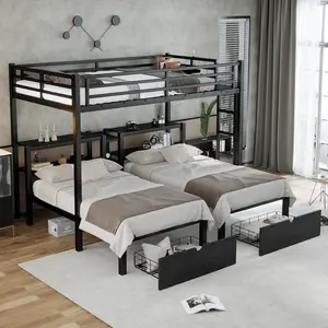 Eyisean Full XL Over Twin & Twin Triple Bunk Bed, Heavy Duty Metal Frame Bed with Storage Drawer, Bunk Beds Head with Shelving & USB, Space-Saving Loft Beds Frame with Safety Guardrail for Bedroom