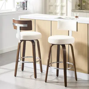 2Pcs Swivel Counter Height Bar Stools,Faux Leather Kitchen Stools Upholstered Barstools with Back,Walnut Wood Legs,Mid Century Island Chairs