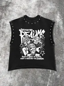American Street Style Rivet Sleeveless T-Shirt, Polyester Fabric, Dark Print Design, Casual Daily Wear & Music Festival, Halloween
