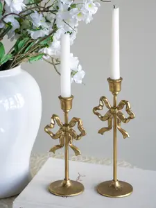 Vintage Gold Bow Metal Candle Holders, Set of 2 Cast Iron Taper Candle Stands, French Country-Shabby Chic Home Decor Table Centerpiece