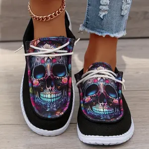 Spot goods Women's Skull Pattern Canvas Shoes, Slip On Lightweight Soft Sole Walking Shoes, Round Toe Halloween Shoes Girl Runner