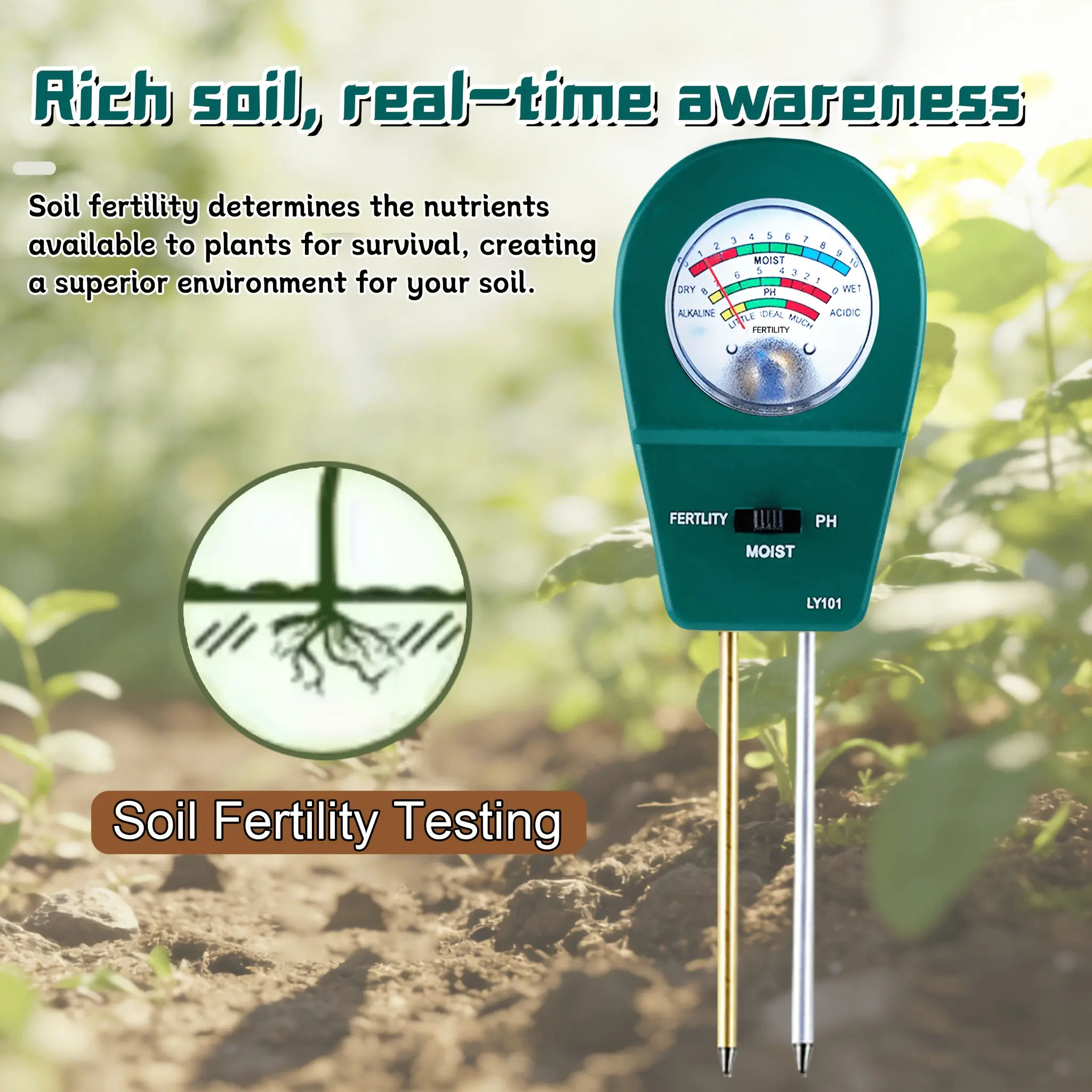 1pc Soil All-In-One Ph Meter, Soil Moisture And Fertility Tester, Battery-Free Quick Test Plug-And-Play, Suitable for Greenhouse Garden Indoor Outdoor Horticulture Tools Plant Planting