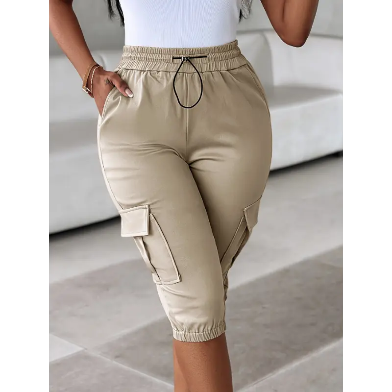 Women'S Casual Drawstring Waist Shorts - Red, Comfortable Stretch Fabric, Multiple Pockets, Casual Summer Attire, Casual Summer Wear |   Casual Style Shorts |   Drawstring Waistband Bottom Khaki