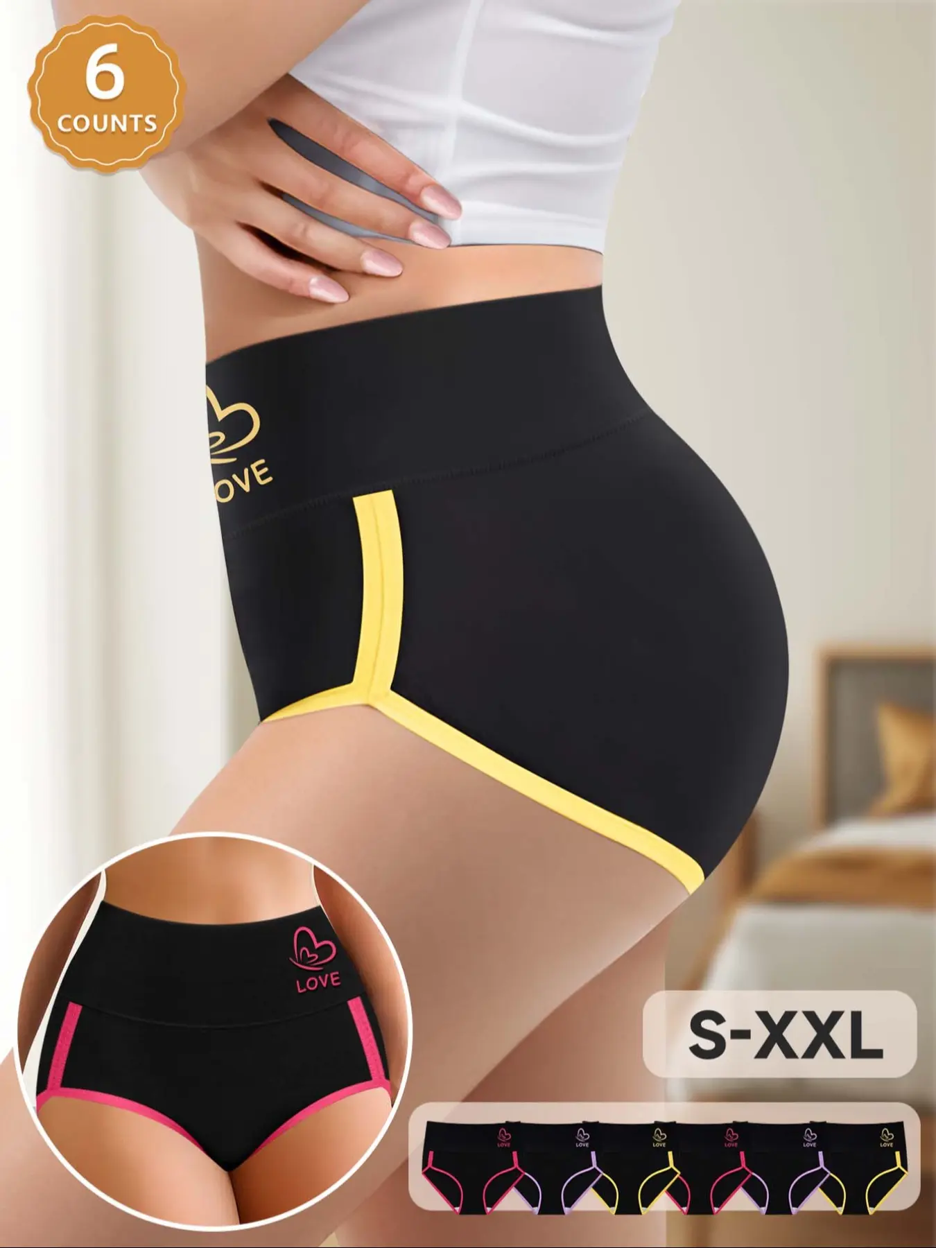 6-Pack  MEIYATING  Women's High-Waist Fitted Waist Trainer Shapewear Underwear, Comfortable Colorblock Design, Triangle Panties, All-Season Casual Everyday Style