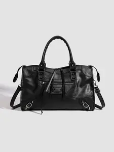 French Style PU Leather Crossbody Shoulder Bag, Large Capacity Rivet Decor, Fashionable Motorcycle Wind Design, Daily Commute & Dates, Trendy Commuting Bag