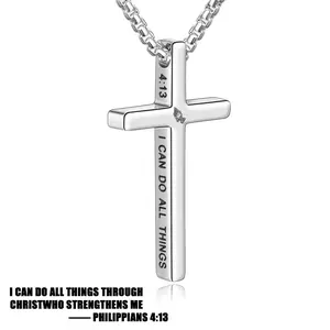 Silver Cross Necklace for Men and Women, Stainless Steel Bible Verses Cross Pendant Necklace for Boys