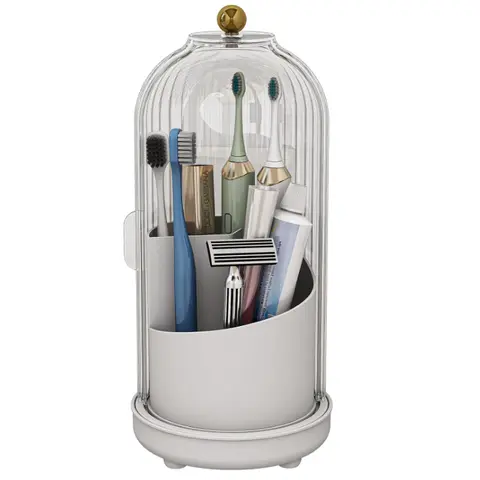 3-Slot Plastic Toothbrush Holder with Protector - Bathroom Accessory, Home Goods, 360° Rotating Sliding Top, Easy Open/Close, Effective Dustproof, Bacteria Isolation, Hidden Storage Lid, Durable Metal Base, Waterproof Compact Vanity Organizer