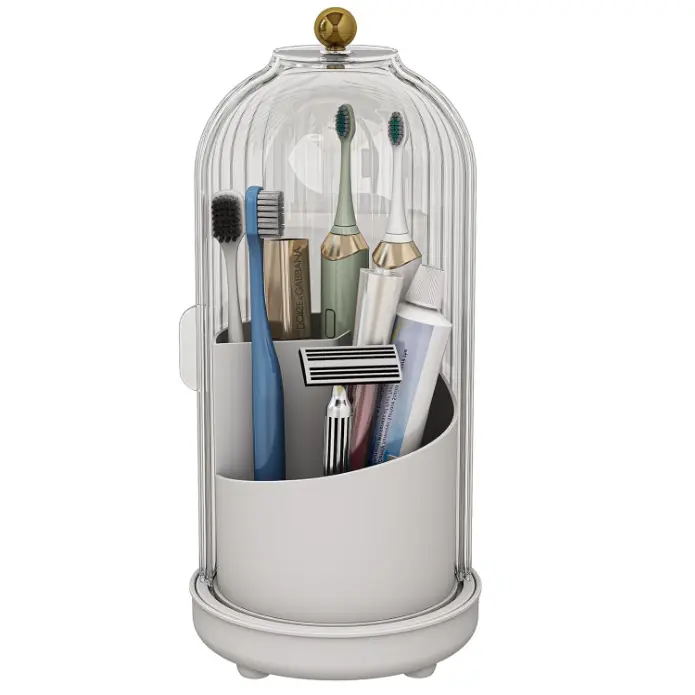3-Slot Plastic Toothbrush Holder with Protector - Bathroom Accessory, Home Goods, 360° Rotating Sliding Top, Easy Open/Close, Effective Dustproof, Bacteria Isolation, Hidden Storage Lid, Durable Metal Base, Waterproof Compact Vanity Organizer