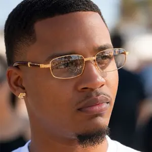 Men's Retro Hip Hop Eyeglasses, 18k Gold Frame, Rectangle Clear Lenses, Wood Grain Design