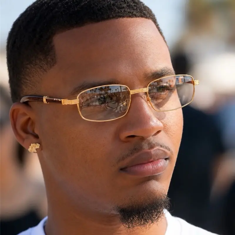Men's Retro Hip Hop Eyeglasses, 18k Gold Frame, Rectangle Clear Lenses, Wood Grain Design