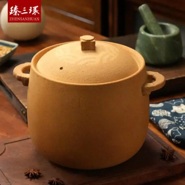 ZhenSanHuan Handmade Earthenware Clay Pot Casserole - 6L Traditional Rustic Kitchen Cookware with Handles for Big Family