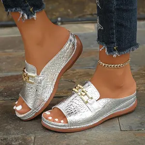 Women's Thick-Soled Slip-Resistant Sandals Pink Slope Heel Metal Chain Summer Beach Shoes Sizes 36-43 Lilac Girl Footwear Design Dance Comfortable Fashionable Pedal Fasciitis Rubber Sole