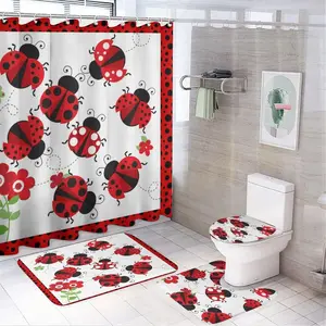 4 Piece Red & Black Ladybug Shower Curtain Sets - Complete Bathroom Set With Shower Curtain, Non-Slip Rug, Toilet Lid Cover and Bath Mat, One Size