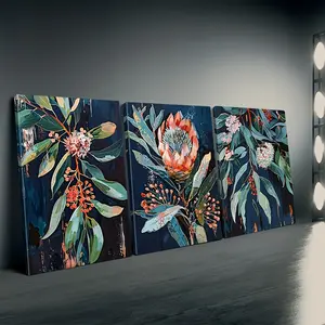 2D Flat Set Of 3 Vintage Australian Plant And Flower Wall Canvas Prints, Australian Native Flower Posters, Spring Decoration, Vintage Indoor Wall Decor, For Living Room, Bedroom, Kitchen, Office, Cafe, Bar, Dormitory, Corridor Home Artwork, Framed, 2D Fla