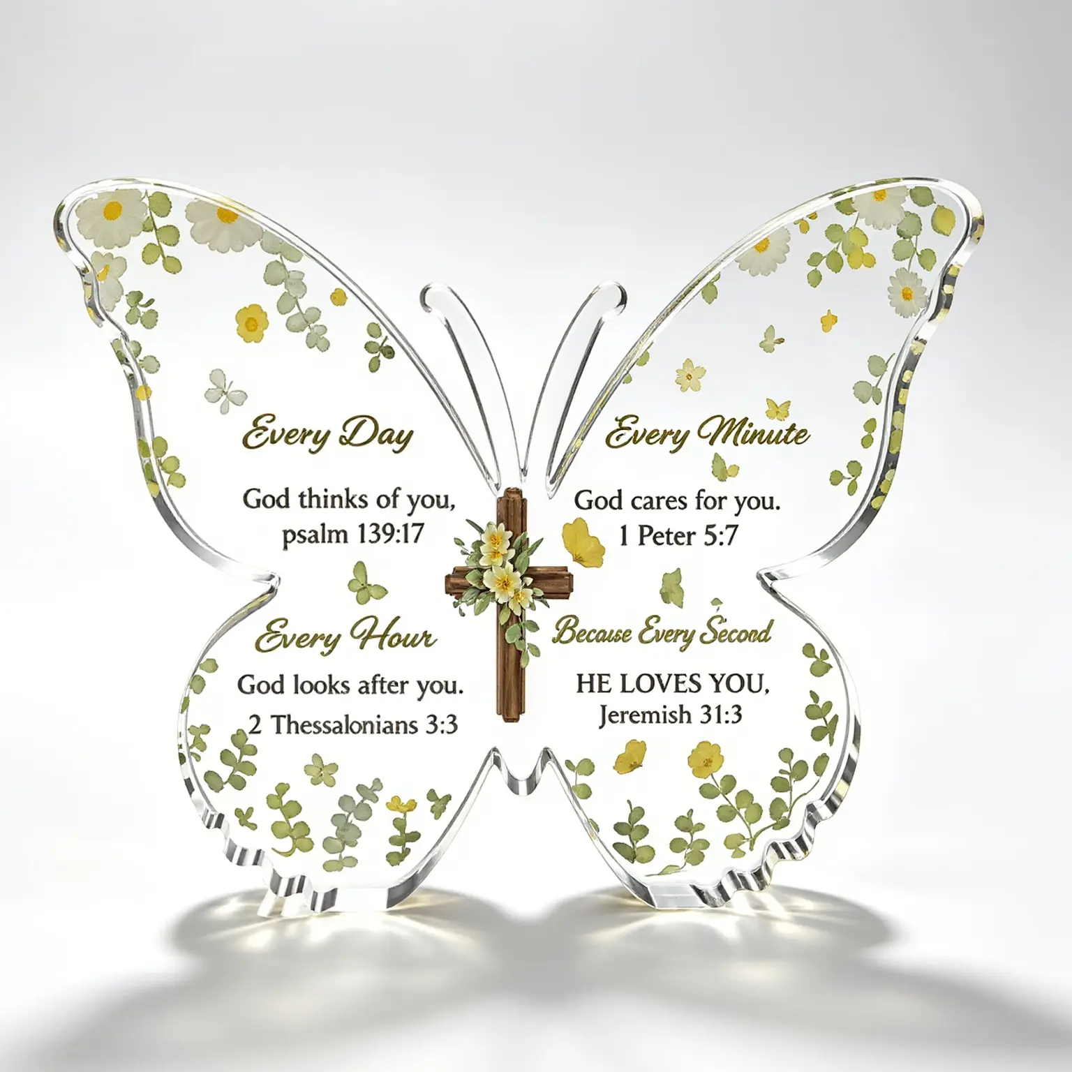 Floral Cross Butterfly Acrylic Religious Table Plaque, Bible Verse Faith Decor Gift For Baptism Christmas Confirmation